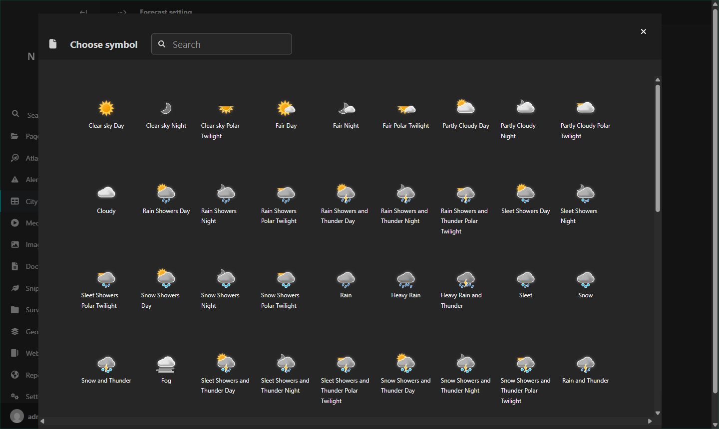 Weather symbol picker showing a grid of icons including Clear sky Day, Partly Cloudy Day, Rain, and Heavy Rain