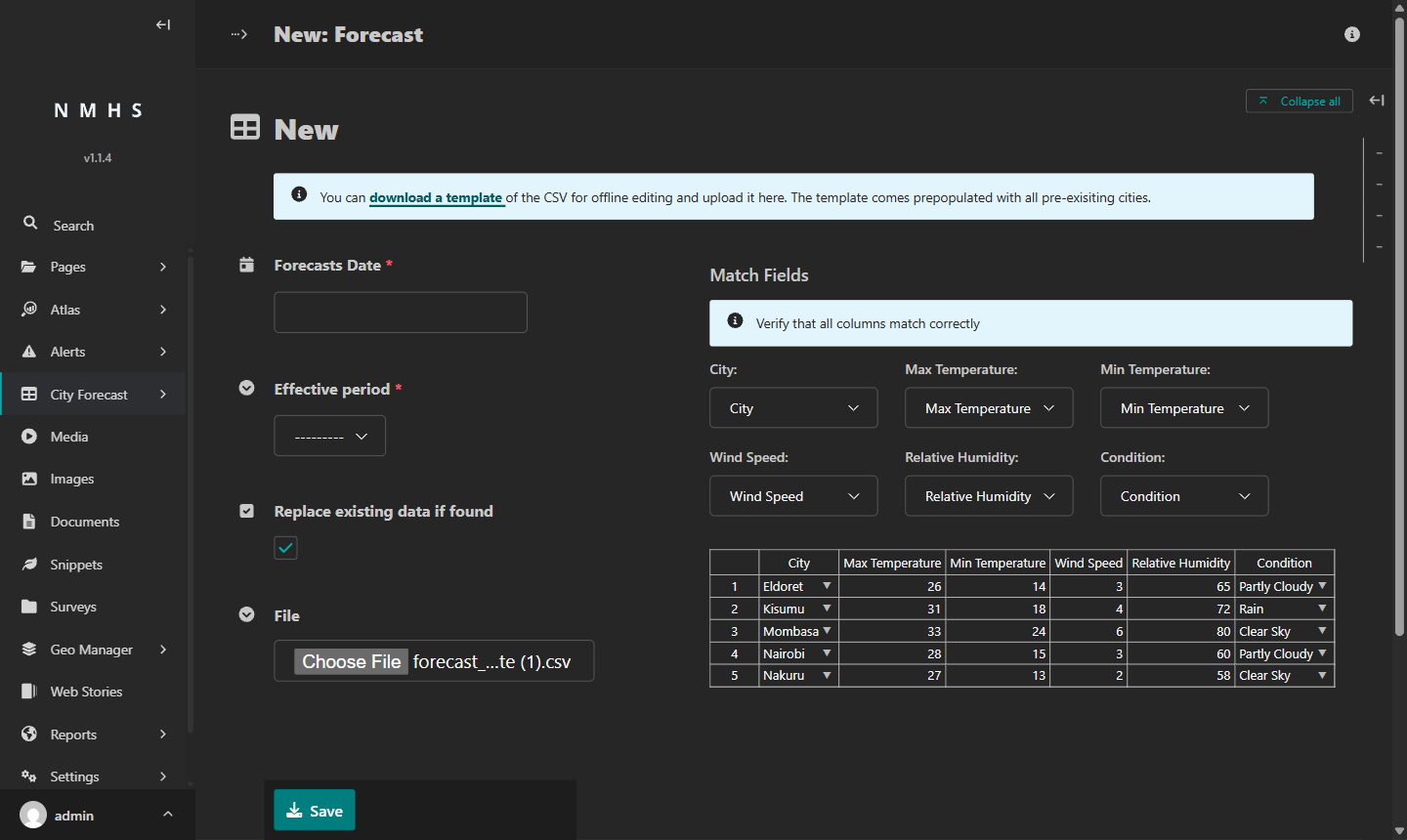 Add Forecast page after uploading the CSV, showing the Match Fields dropdowns: City, Max Temperature, Min Temperature, Wind Speed, Relative Humidity, Condition, all correctly matched, with the data grid below showing five city rows