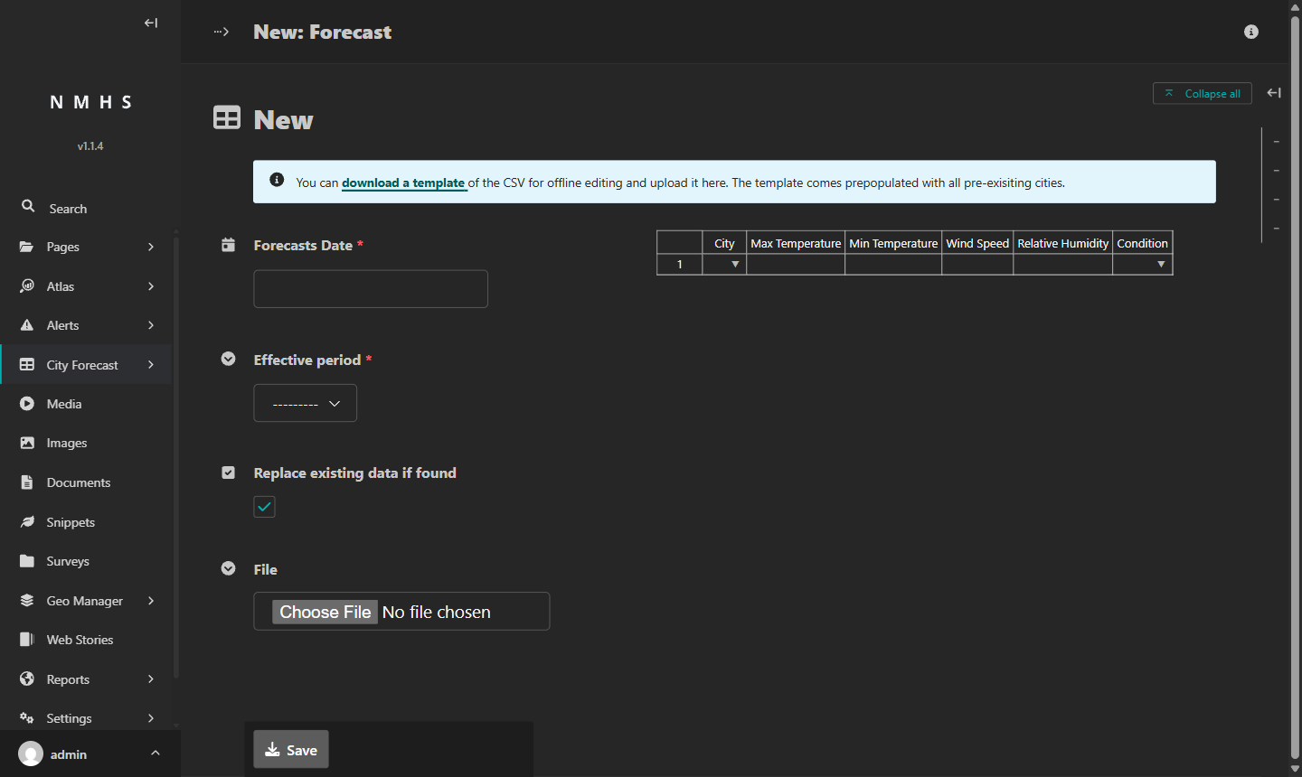 Add Forecast page showing the blue information banner with the "download a template" link, the Forecasts Date field, Effective period dropdown, and the empty data grid on the right