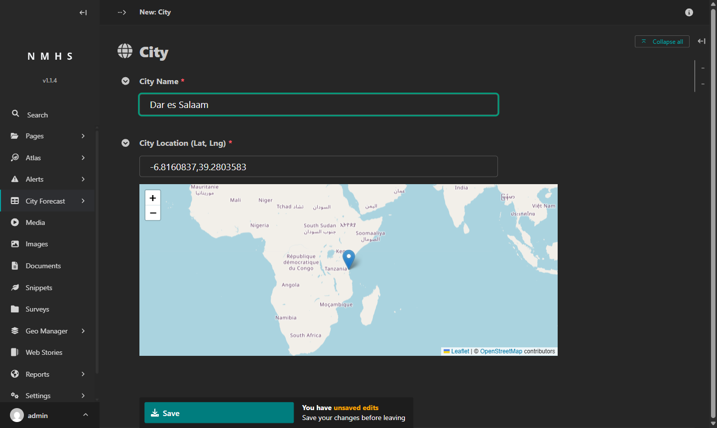 Add City page showing "Dar es Salaam" entered in the name field, with coordinates filled in automatically and a map pin placed over the coast of Tanzania