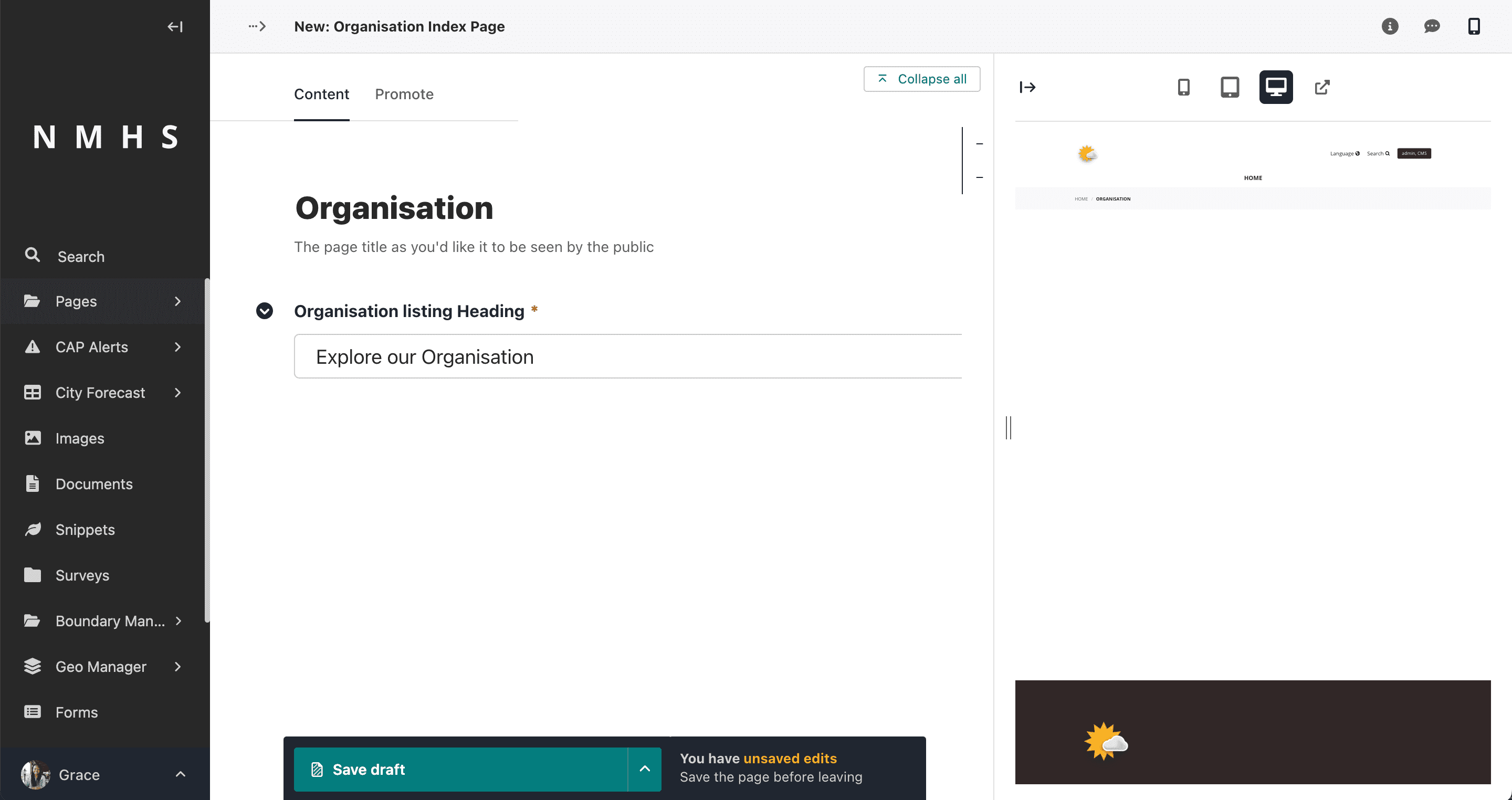 Organisation page
