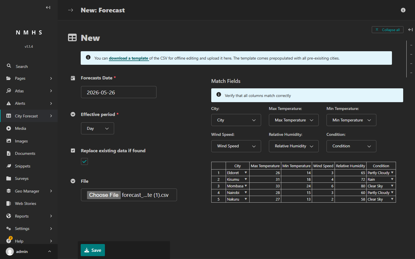Add Forecast page with Forecasts Date set to 2026-05-26, Effective period set to Day, and the data grid showing all five city rows