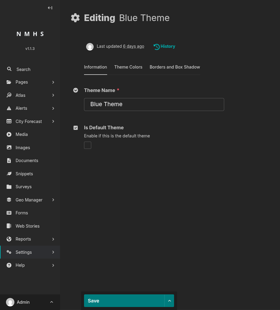 Themes — Information tab