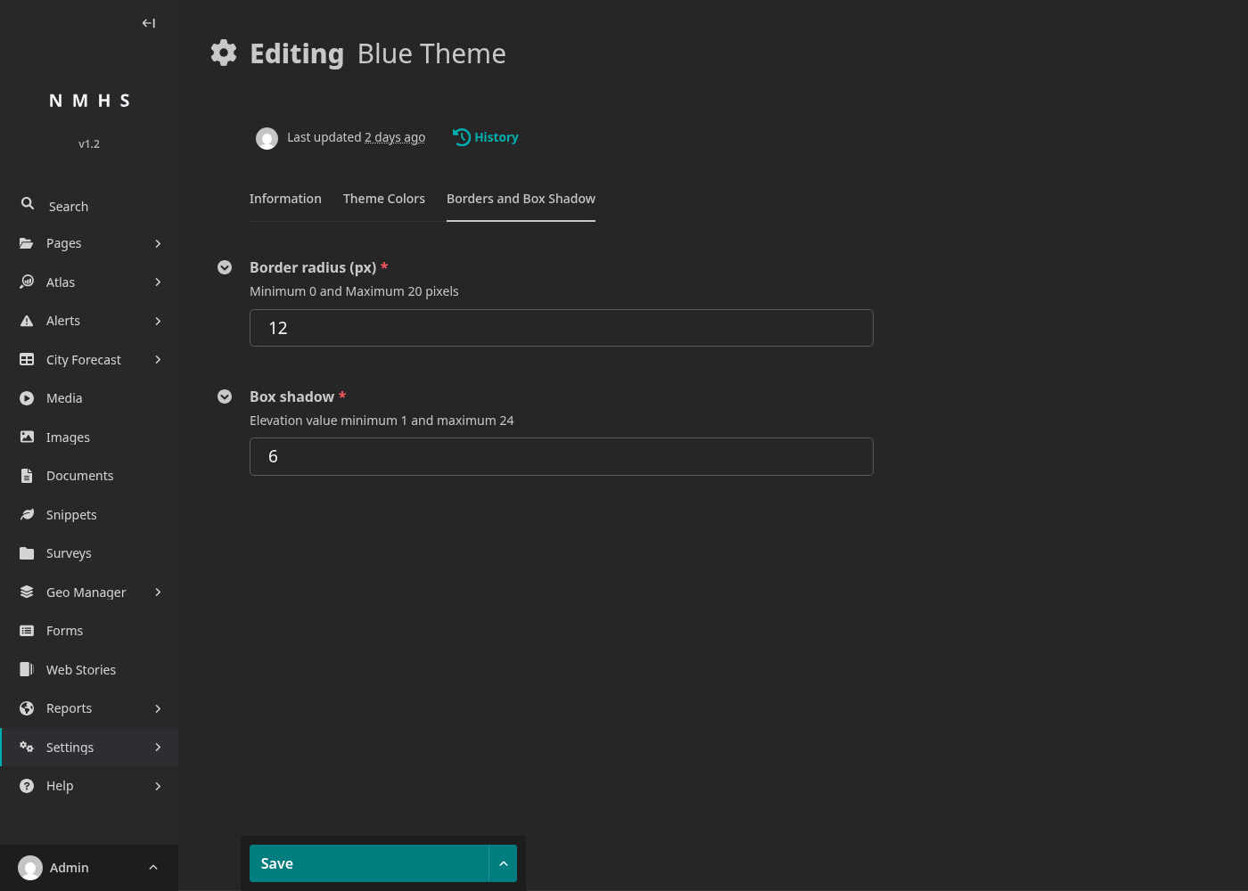 Themes — Borders and Box Shadow tab