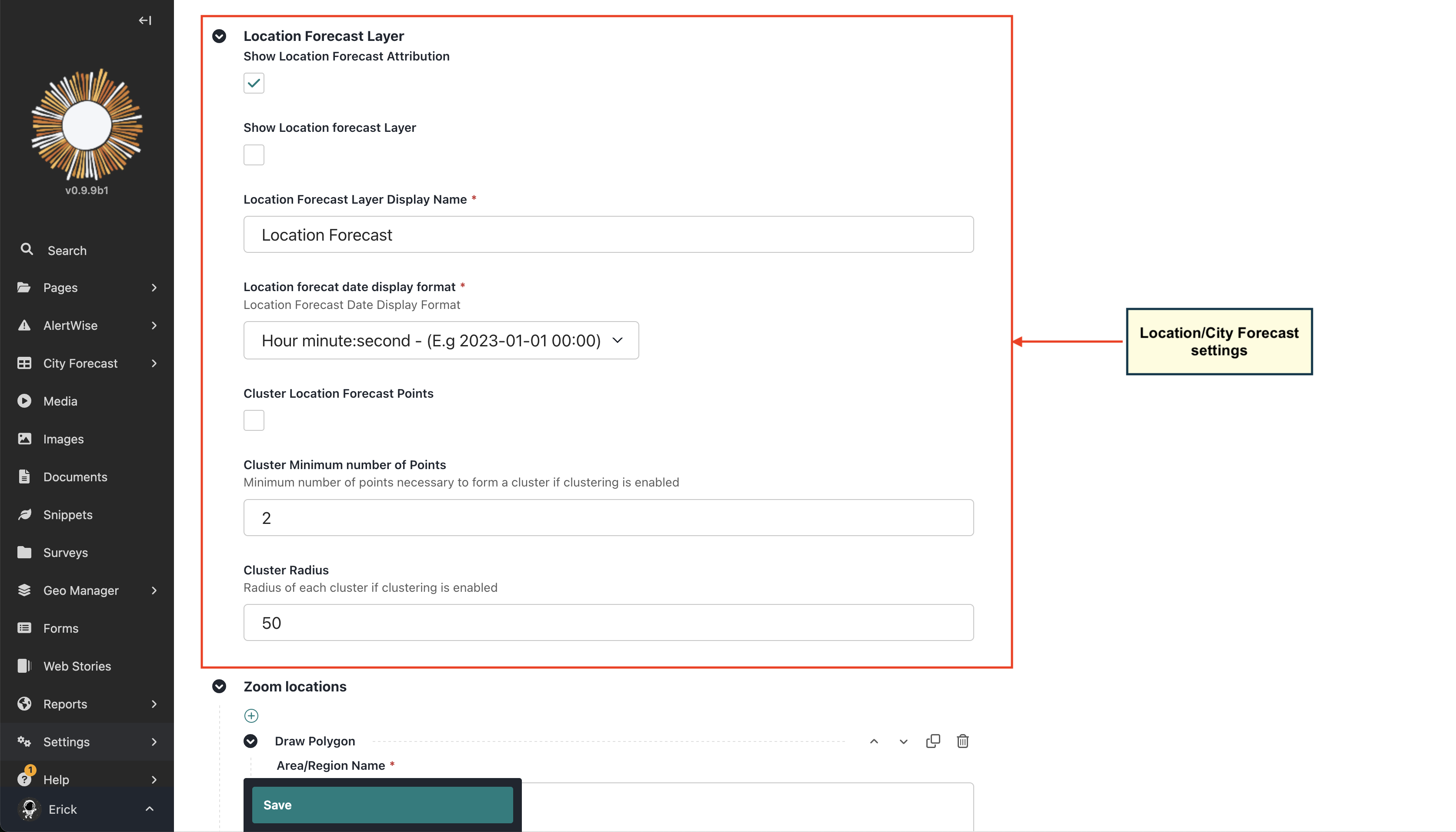 Configurações da camada de previsão de localização